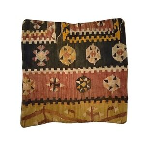 VTG Ethan Allen Wool Kilim Pillow Cover 18x18 Brown Cotton Back Turkish Made Zip